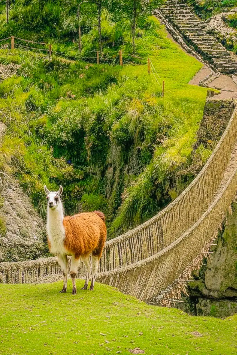 Turistas cruzando el puente Q’eswachaka, el último puente inca tejido con fibras vegetales sobre el río Apurímac