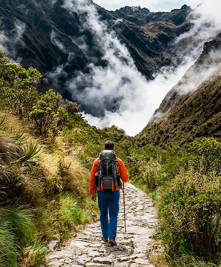 Turista realizando trekking por el Camino Inca hacia Machu Picchu con equipo de montaña